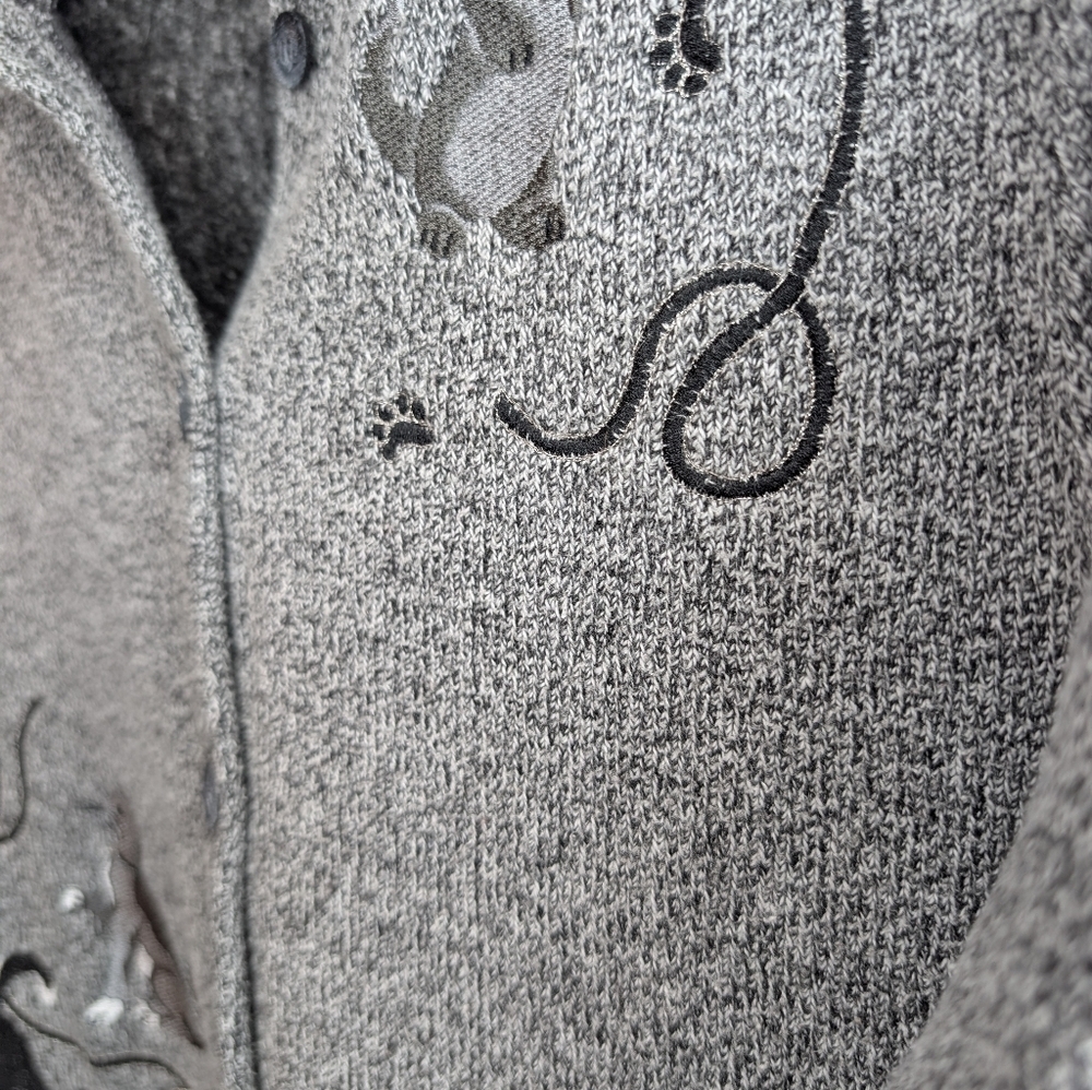 Vintage Bon Worth Woman Large Grandma Cat Embroidered Button Down Cardigan Grey - Picture 7 of 12